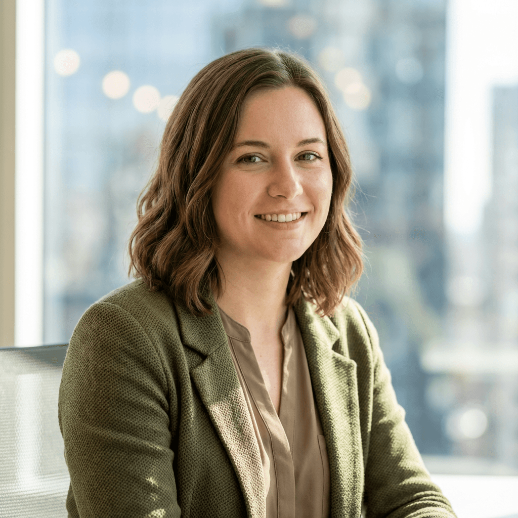 Female office manager in her early 30s, White, standing in a bright office with glass walls behind her
