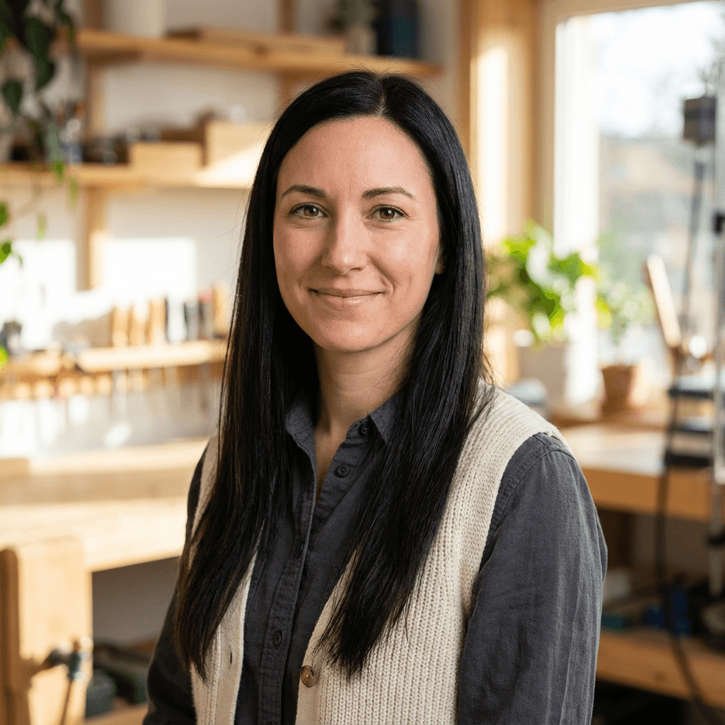 Female homeowner in her early 40s, Black, smiling near a bright window in a modern townhouse