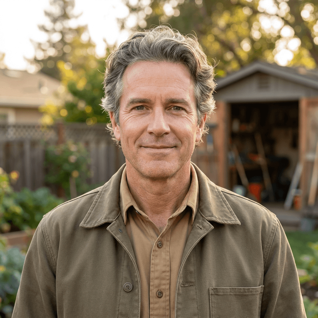 Male homeowner in his mid 40s in a bright residential living room