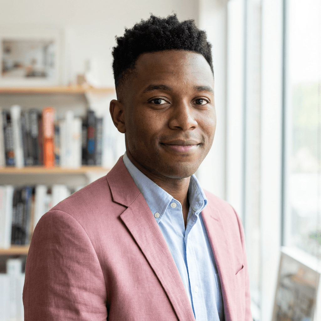 Male retail store manager in his 40s, Black, professional approachable appearance