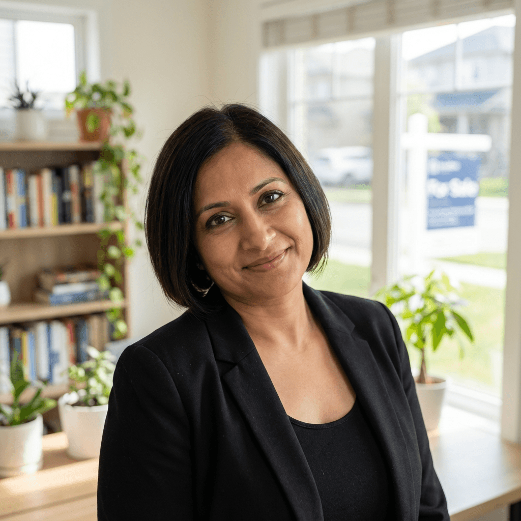 Female condo owner in her late 30s, South Asian, warm practical appearance