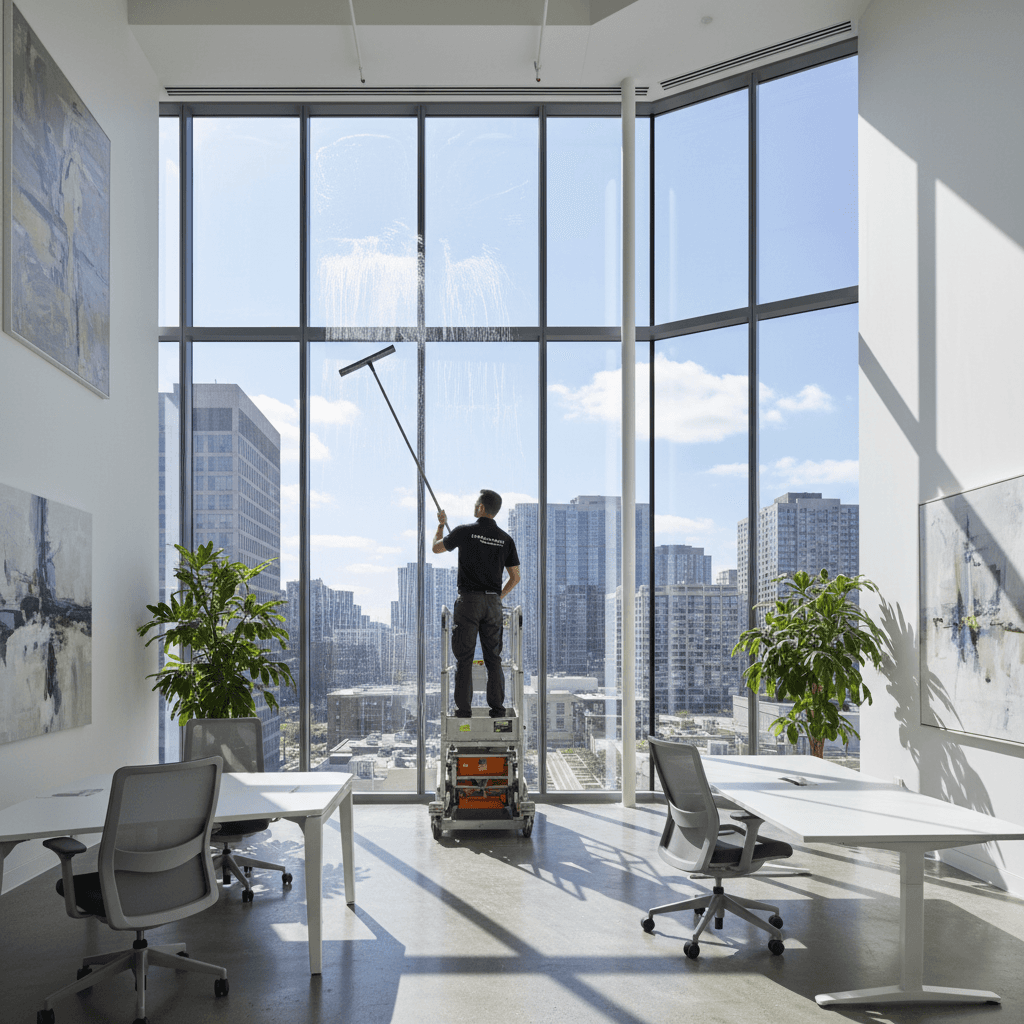 Window cleaner wiping interior glass in a modern office