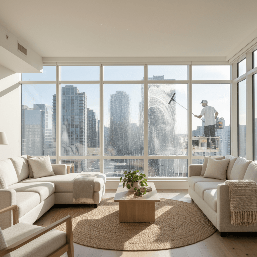 Professional window cleaner working on large residential windows