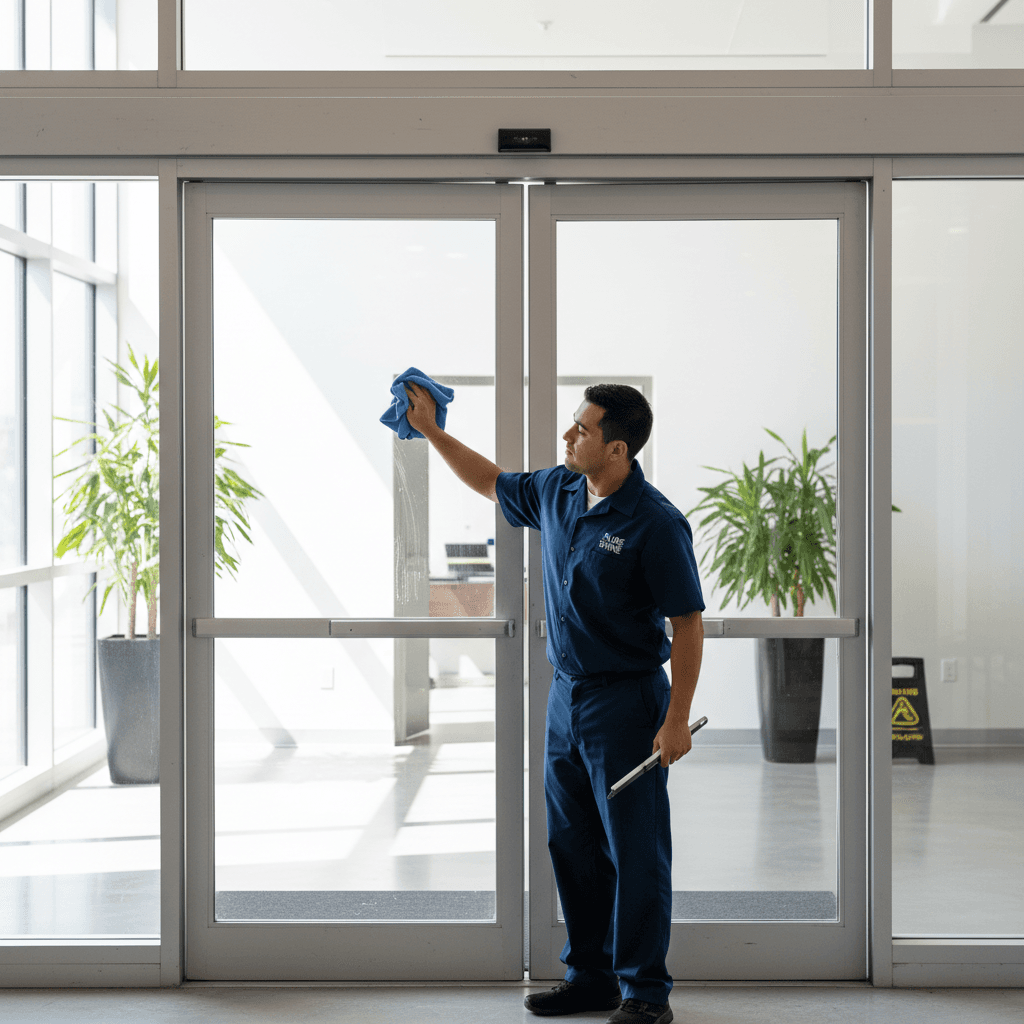Professional wiping a commercial glass door