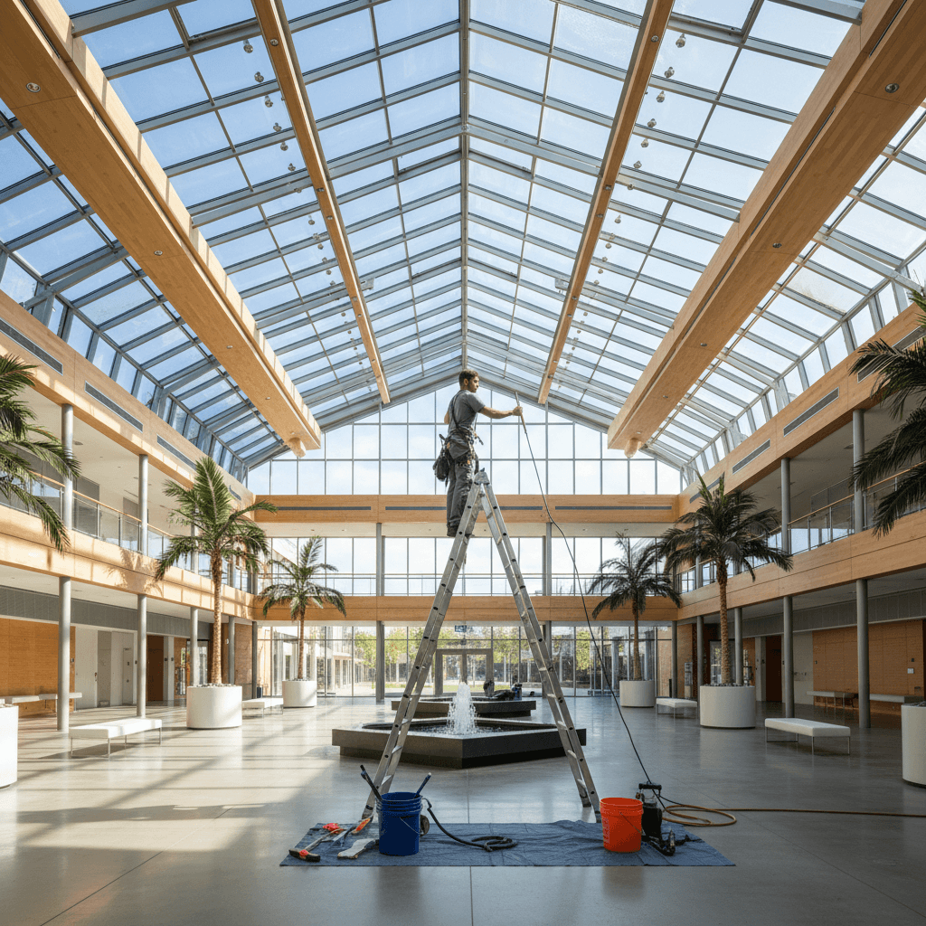 Window cleaner cleaning a skylight from an interior ladder