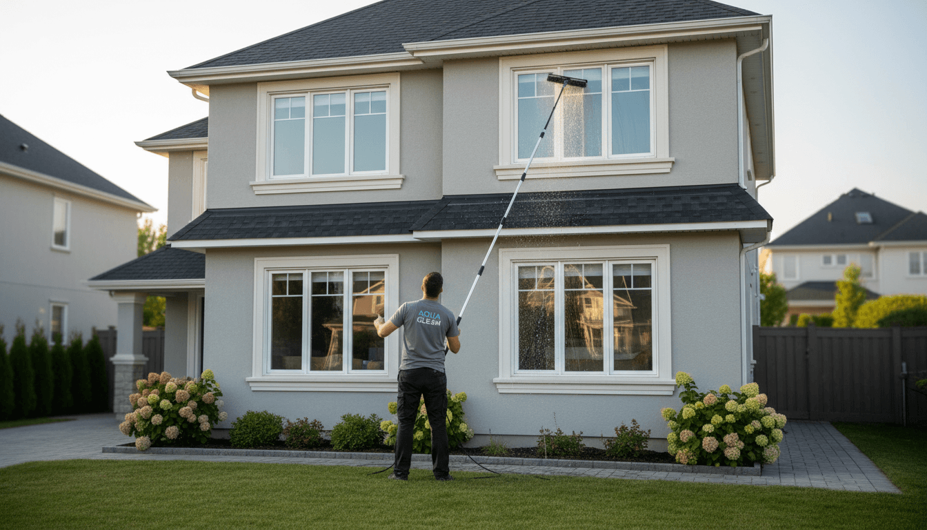 Professional window cleaner using water-fed pole on a Toronto home