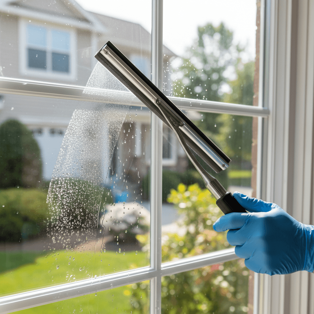 Professional cleaning a large interior window in a bright Toronto living room