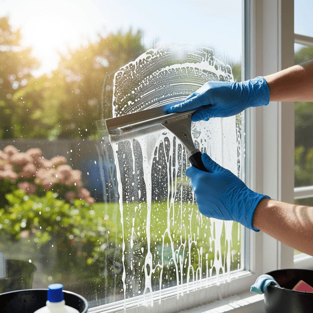 Professional window cleaner squeegeeing a residential window in Toronto