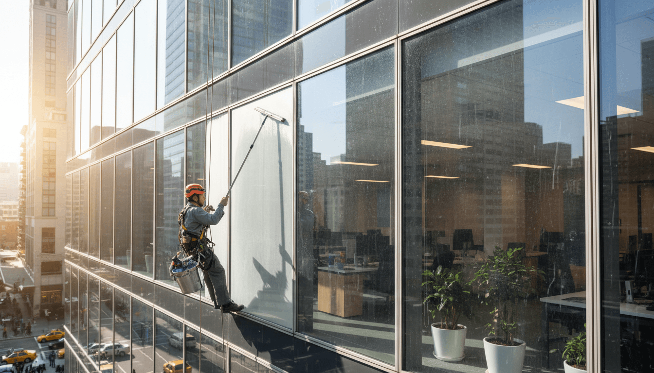 Professional cleaning a storefront window on a Toronto street in the morning