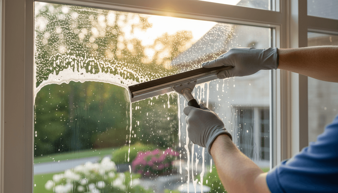 Window cleaner adjusting squeegee on a residential window