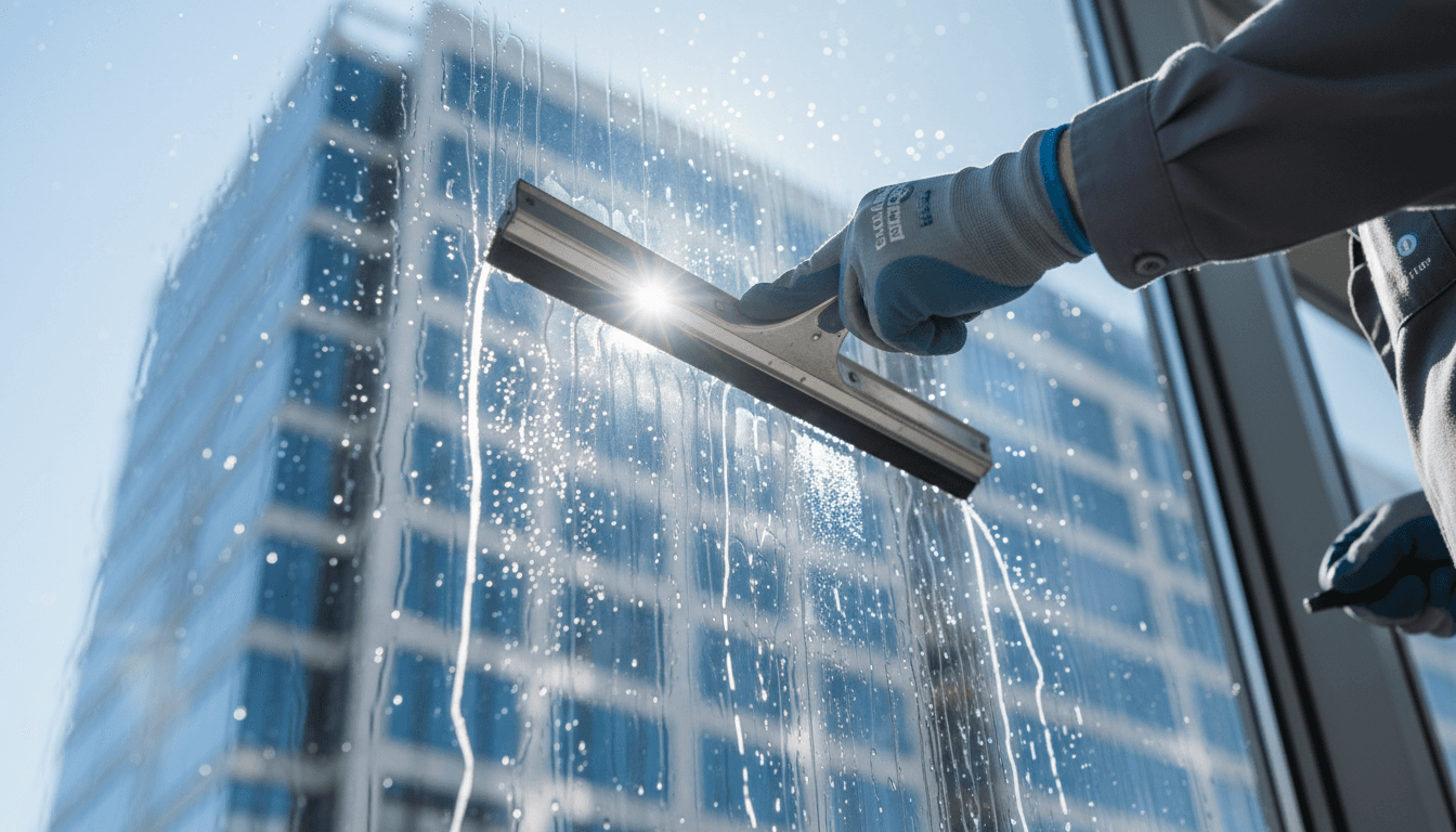 Professional window cleaner working on a Toronto storefront